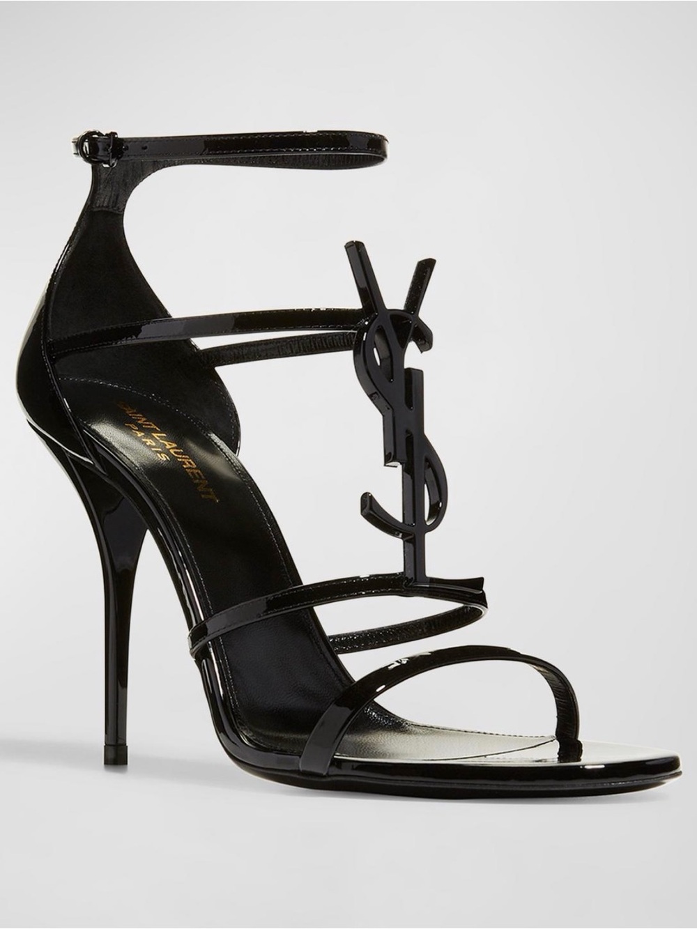 Saint Laurent Black Patent Leather YSL Logo Strappy Stiletto Sandal